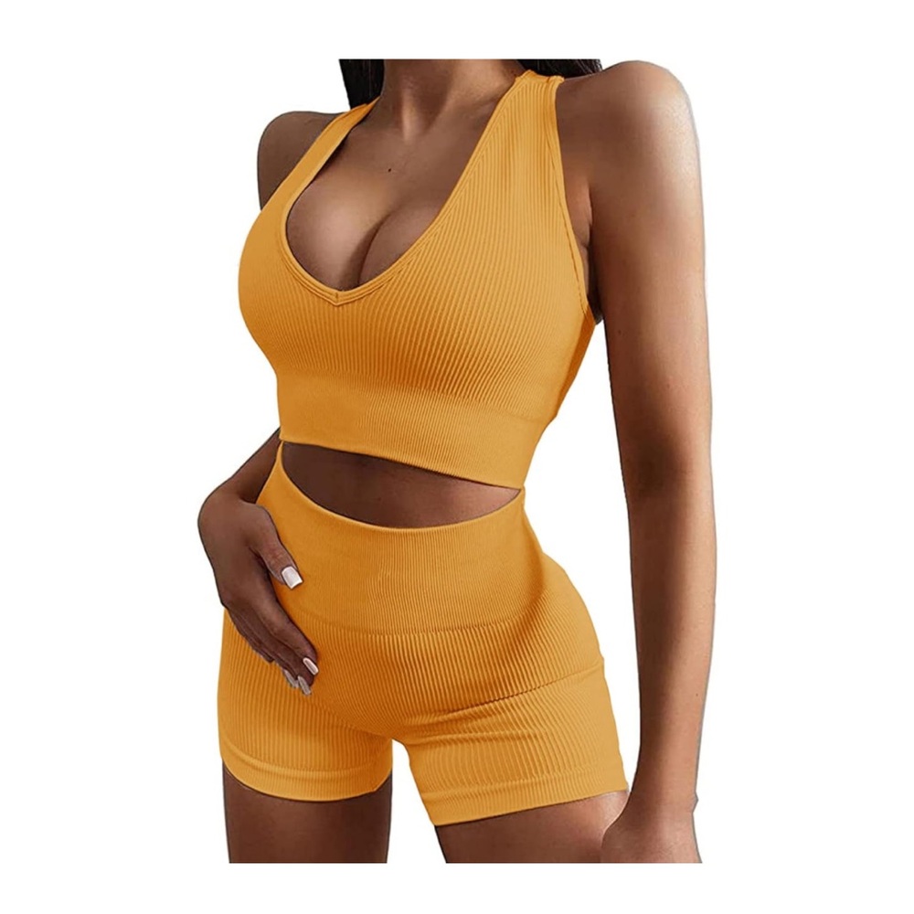 Mustard Yellow Ribbed Seamless Activewear Set V-Neck Sports Bra & Biker Shorts‎